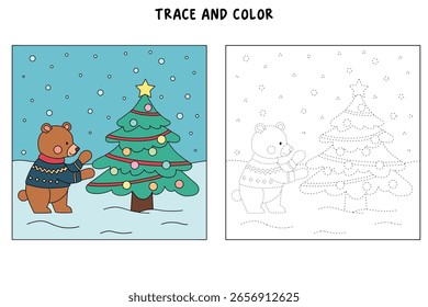 Un oso que lleva el suéter del invierno y que decora las páginas para colorear del árbol de navidad para los niños. Traza y color de las Navidades de oso carácter. Hoja de trabajo de Festiva Seasons imprimible para niños. Hoja de trabajo de Navidades.
