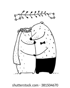 Bear Wedding Couple. Love happy romantic teddy, valentine bride marriage, vector illustration.