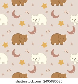 Bear white and brown cartoon so cute. On moon star background. Pattern seamless vector illustration. 

