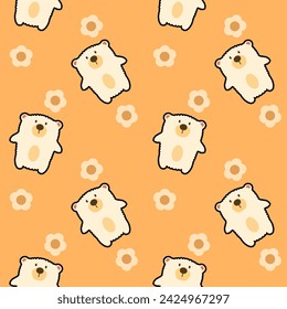 Bear white cartoon so cute. On flower yellow background. Pattern seamless vector illustration. 
