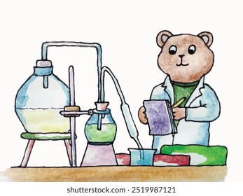 A bear in a white coat makes notes in a notebook and looks at the instruments in the laboratory