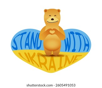 A bear who shows his heart with his paws. Bear character, cartoon style. Stand with Ukraine. Vector. EPS 10