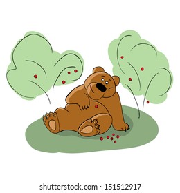 Bear and wild berries. Vector illustration.