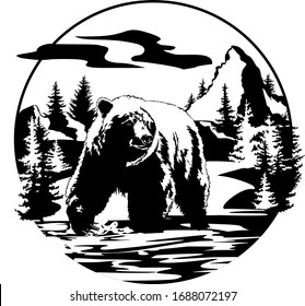 Bear in a wild breed against the backdrop of the forest and mountains. Tattoo, travel, adventure, wildlife symbol. Natural open spaces. Ecology.