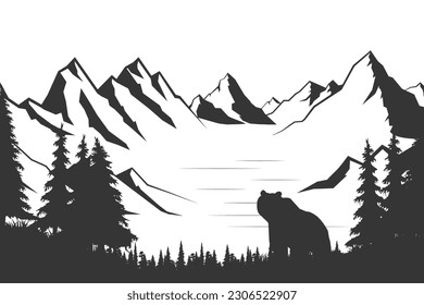 Bear in a wild breed against the backdrop of the forest and mountains. Travel, adventure, wildlife symbol. Natural open spaces. Ecology.