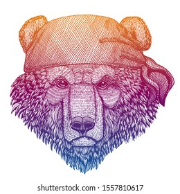 Bear. Wild pirate or biker. Vector animal portrait. Sailor, motorcyclist. Print for children clothing, tee. Kids fashion.