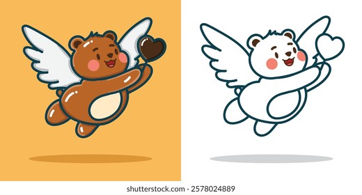 A bear with wings and hold a love shaped chocolate for a design element sticker or coloring book