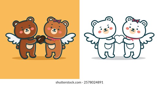 A bear with wings and hold a love shaped chocolate for a design element sticker or coloring book