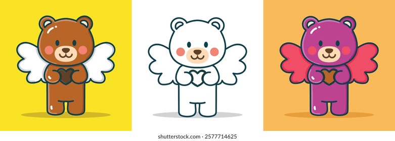 Bear with wings and hold a love-shaped chocolate for a design element, sticker, or coloring book