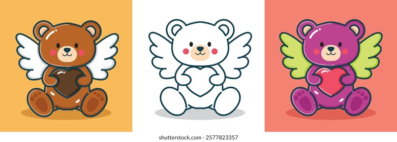 A bear with wings and hold a love-shaped chocolate for a design element sticker or coloring book element