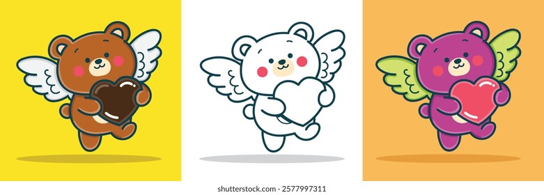 A bear with wings and hold a love-shaped chocolate for a design element sticker or coloring book