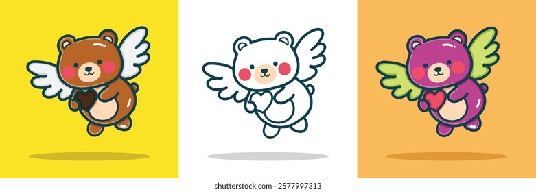 A bear with wings and hold a love-shaped chocolate for a design element sticker or coloring book