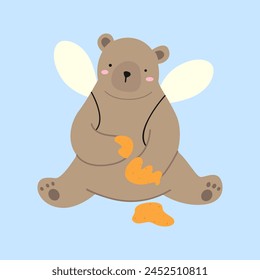 A bear with wings and paws stained with honey, flat vector illustration, cartoon bear, illustration about animals for children design
