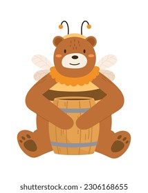 Bear With Wings Sitting And Holding Barrel Vector Illustration