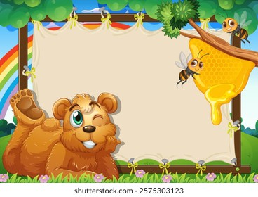 A bear winks beside honeycomb and bees