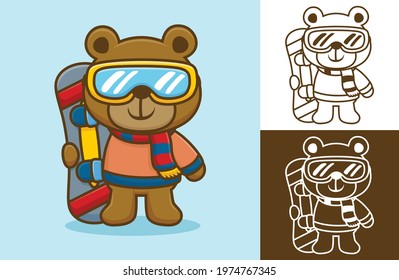 Bear in winter clothes and ski goggles with snowboard. Vector cartoon illustration in flat icon style