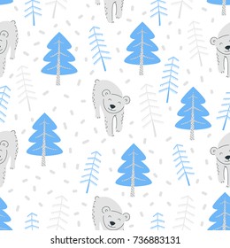Bear in a winter forest. Seamless pattern vector illustration