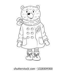 A bear in winter suit vector cartoon. A cute cartoon little teddy bear colorless for coloring book. Colorless page for kid. 