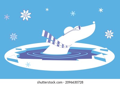 Bear winter swimming illustration. 
Cartoon polar bear in scarf is swimming in the icy water and looks healthy and happy white on blue background
