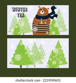 Bear winter tea banner tree and bear