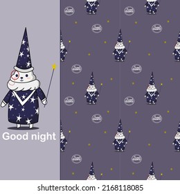 Bear wizard cartoon  so cute  say good night.Sweet dreams and star on background.Pattern seamless vector and illustration.