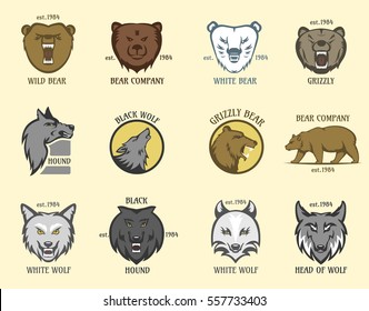 Bear wolf head logo wild animal badge vector set logotype grizzly face silhouette hound head wildlife illustration isolated.