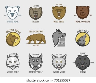 Bear wolf head logo wild animal badge vector set logotype grizzly face silhouette hound head wildlife illustration isolated.