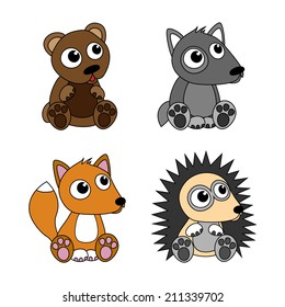 Bear, wolf, hedgehog, fox. Set of cartoon isolated objects.