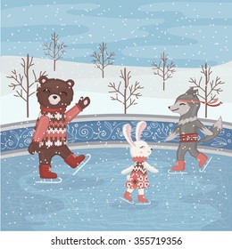 Bear, wolf and rabbit at the rink.