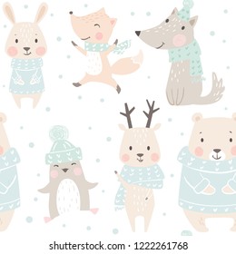 Bear, wolf, reindeer, hare, fox, penguin baby winter seamless pattern. Cute animal Christmas background. Scandinavian design for nursery, t-shirt, kids apparel, wrapping paper, New year textile