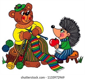 Bear woman is knitting a scarf and a hedgehog woman is holding an apple. Colored vector for gift or card. 