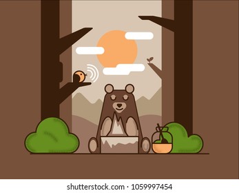 Bear in the woods sitting makes a hill next to a jar of honey and a singing bird on a tree branch.