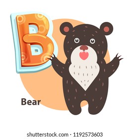 Bear word for B letter or sound spelling and remembering. Children vector alphabet flashcard isolated with cartoon character roaring taliped beary.