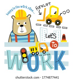 Bear In The Work Zone Funny Animal Cartoon,vector Illustration