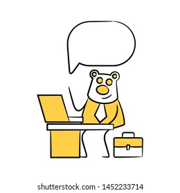 bear worker, businessman sitting and working with laptop speech bubble yellow stick figure