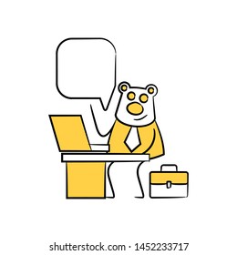 bear worker, businessman sitting and working with laptop speech bubble yellow stick figure