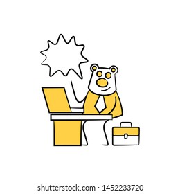 bear worker, businessman sitting and working with laptop speech bubble yellow stick figure