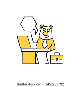bear worker, businessman sitting and working with laptop speech bubble yellow stick figure