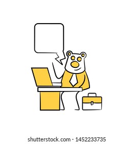 bear worker, businessman sitting and working with laptop speech bubble yellow stick figure