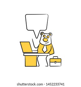 bear worker, businessman sitting and working with laptop speech bubble yellow stick figure