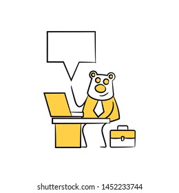 bear worker, businessman sitting and working with laptop speech bubble yellow stick figure