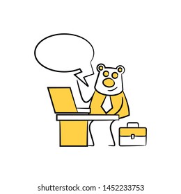 bear worker, businessman sitting and working with laptop speech bubble yellow stick figure