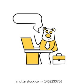 bear worker, businessman sitting and working with laptop speech bubble yellow stick figure