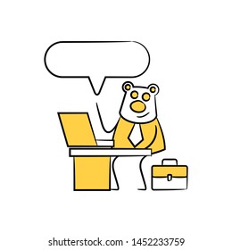 bear worker, businessman sitting and working with laptop speech bubble yellow stick figure