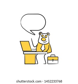bear worker, businessman sitting and working with laptop speech bubble yellow stick figure