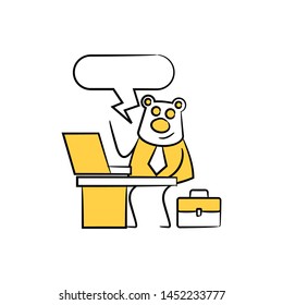 bear worker, businessman sitting and working with laptop speech bubble yellow stick figure