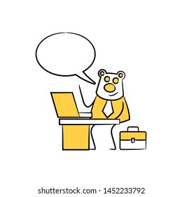 bear worker, businessman sitting and working with laptop speech bubble yellow stick figure