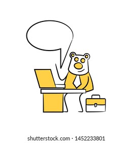 bear worker, businessman sitting and working with laptop speech bubble yellow stick figure
