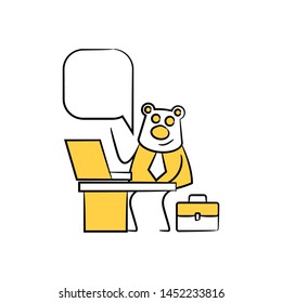 bear worker, businessman sitting and working with laptop speech bubble yellow stick figure