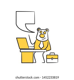 bear worker, businessman sitting and working with laptop speech bubble yellow stick figure